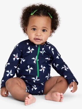 Primary Long-Sleeve Kids Swim Rashguard with Green Zip, Size 3